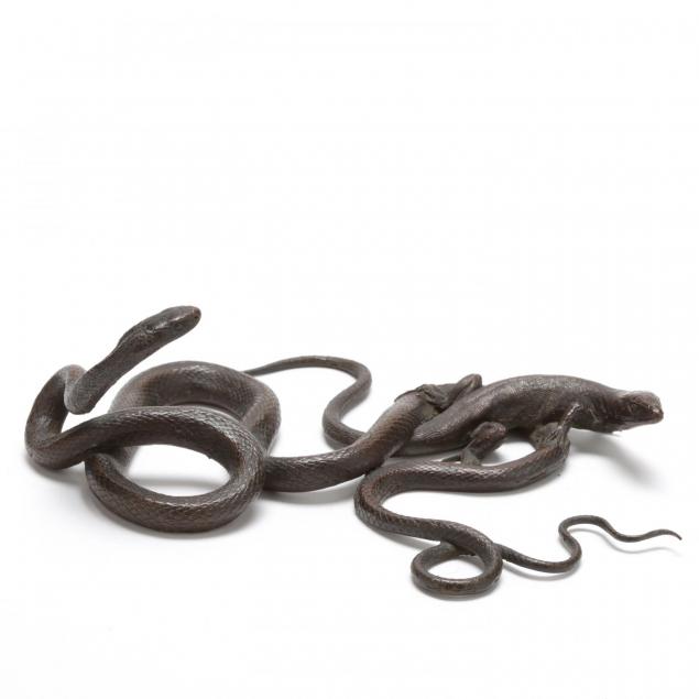meiji-period-bronze-snake-and-lizard-okimono