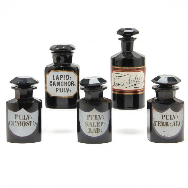 group-of-five-black-hyalite-apothecary-bottles