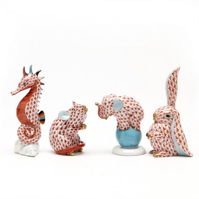 four-rust-fishnet-herend-porcelain-animals