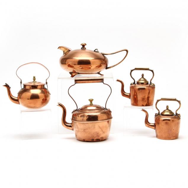 five-antique-miniature-copper-tea-kettles