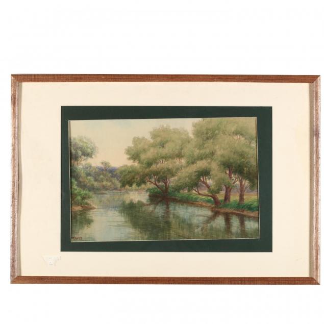 american-school-watercolor-of-a-lake-in-summer