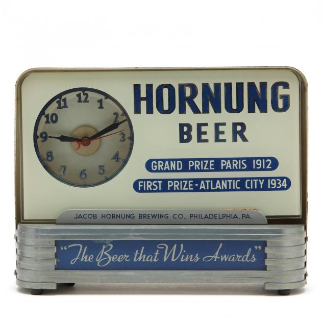 hornung-beer-price-bros-lighted-clock-and-sign