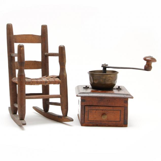 antique-coffee-grinder-and-doll-rocker