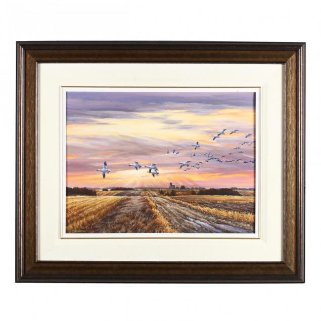 wee-lee-canadian-20th-21st-century-i-prarie-sunset-snow-geese-i