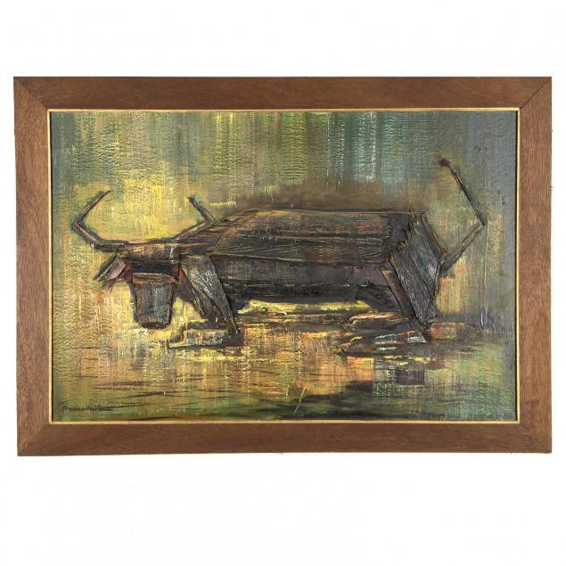 mid-century-construction-painting-of-a-water-buffalo