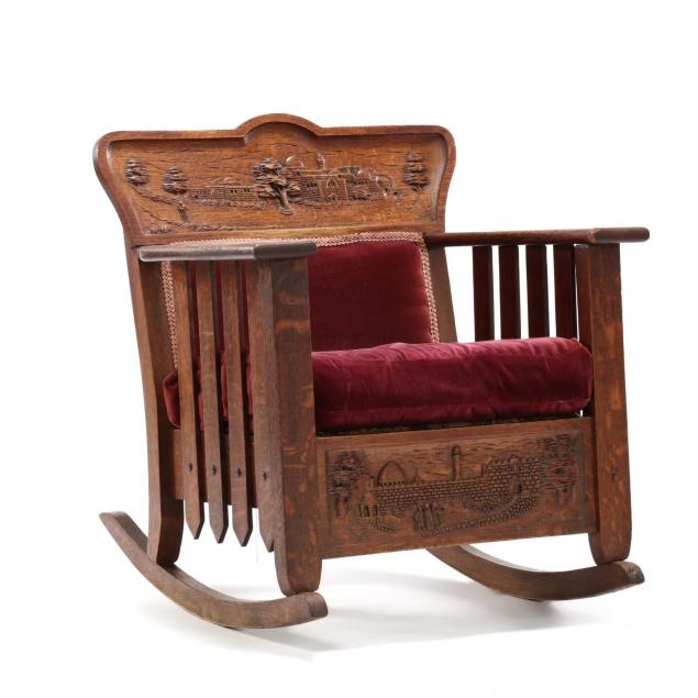 unusual-arts-and-crafts-carved-oak-rocking-chair