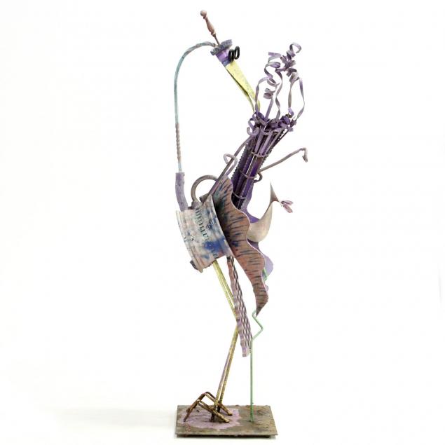 industrial-painted-found-object-sculpture-of-a-preening-crane