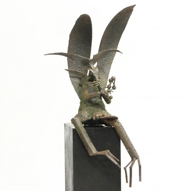 artist-signed-found-object-shelf-sitting-winged-creature