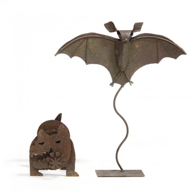 sheet-metal-bulldog-and-bat-sculptures