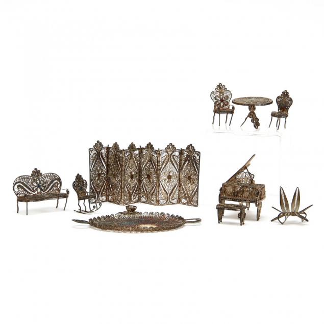 group-of-silver-filigree-miniature-furniture-and-accessories