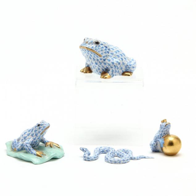 three-herend-frog-figurines-and-a-snake