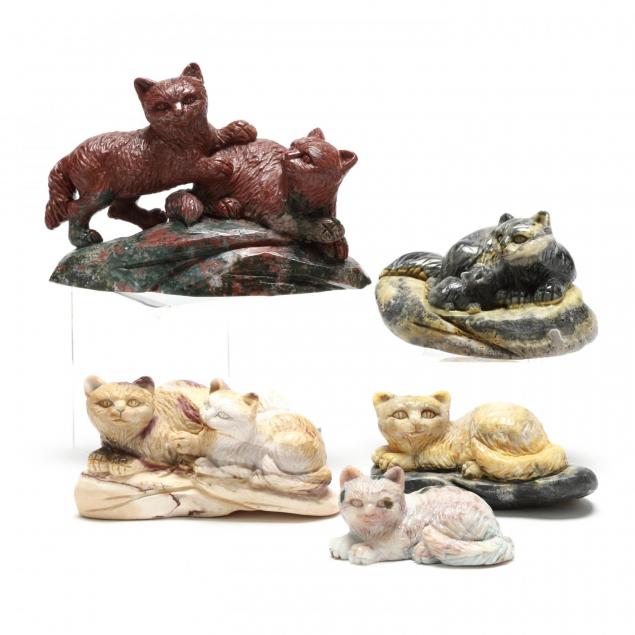 five-hard-stone-carved-cat-sculptures