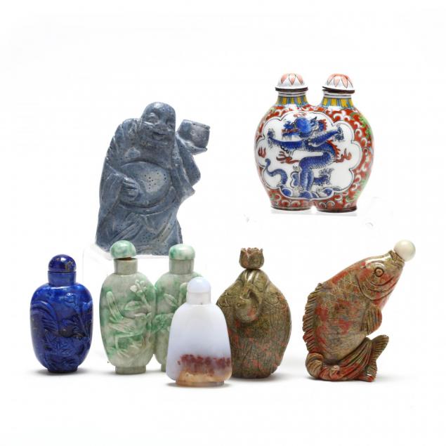 six-chinese-snuff-bottles-and-buddha-figure