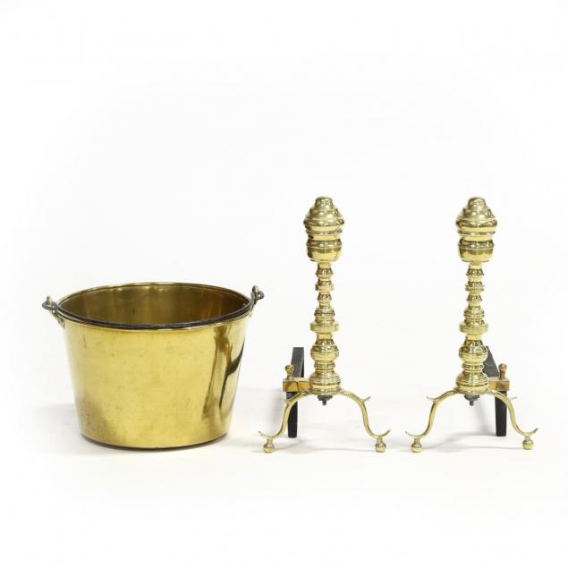 antique-brass-andirons-and-jelly-bucket