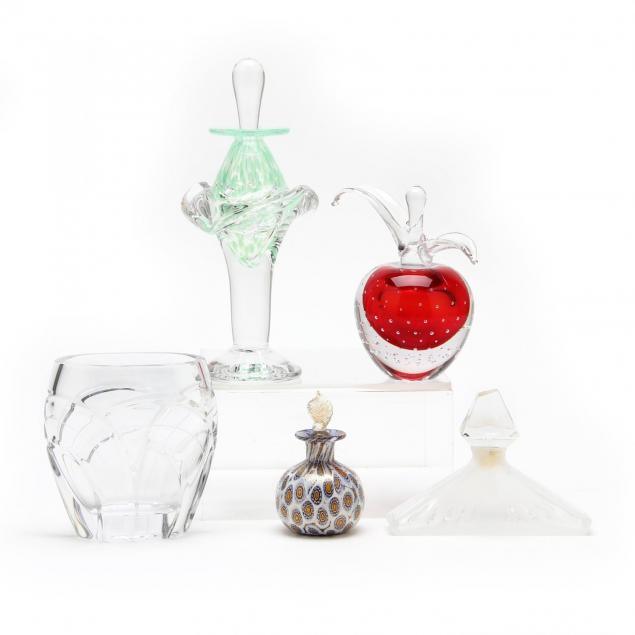 four-art-glass-perfume-bottles-and-vase