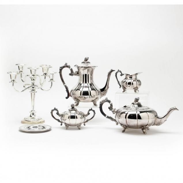 a-silverplate-tea-coffee-service-and-a-five-light-silverplate-candelabrum