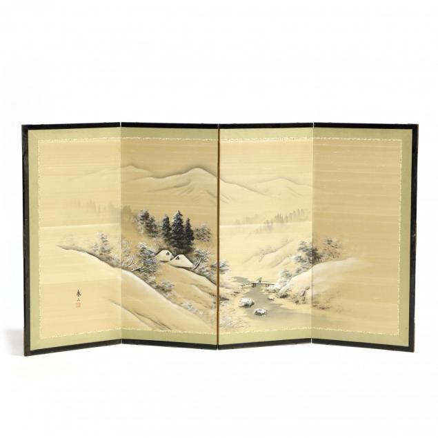 asian-four-panel-screen-of-winter-mountain-landscape
