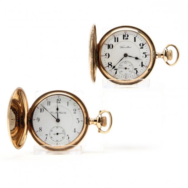 two-vintage-gold-filled-pocket-watches-hamilton-watch-co