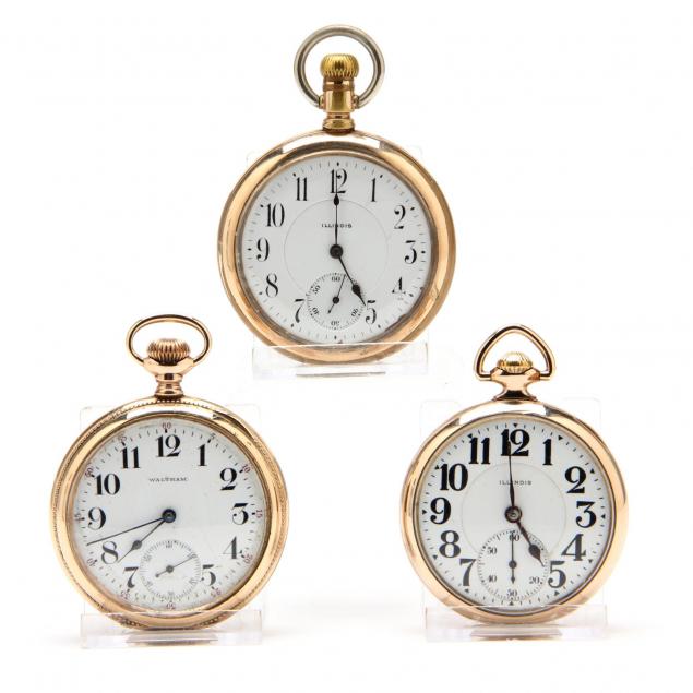 three-vintage-gold-filled-open-face-pocket-watches