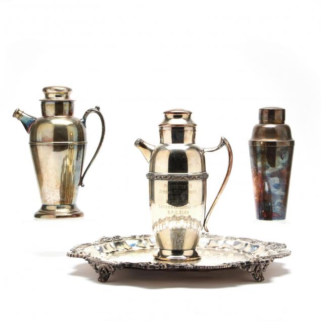 three-vintage-silverplate-cocktail-shakers-and-tray