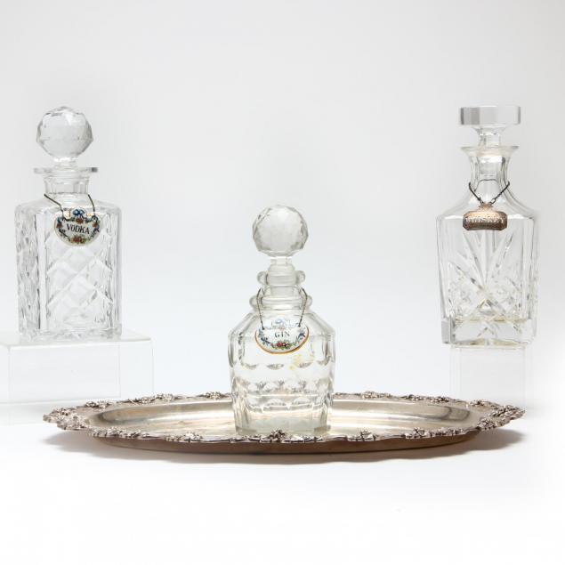 three-glass-decanters-and-silverplate-tray