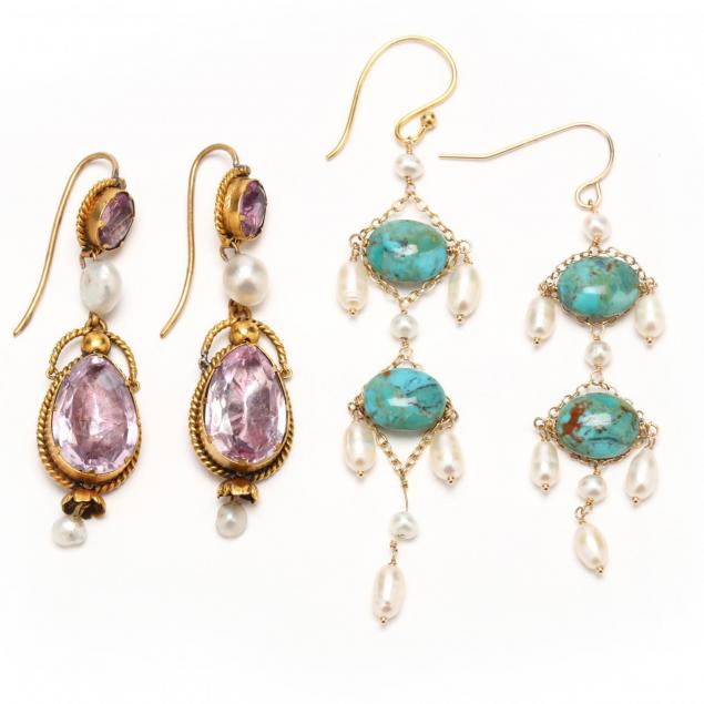 two-pairs-gold-and-gem-set-pendant-earrings