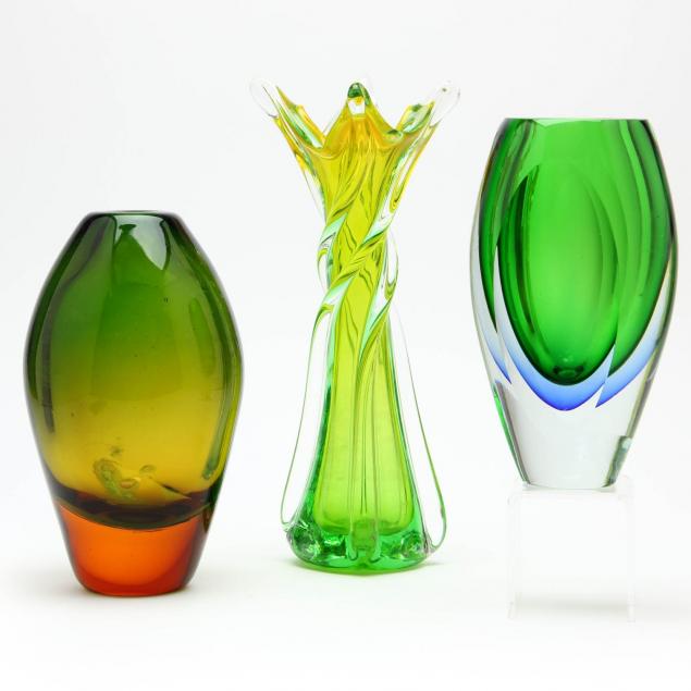three-green-glass-vases