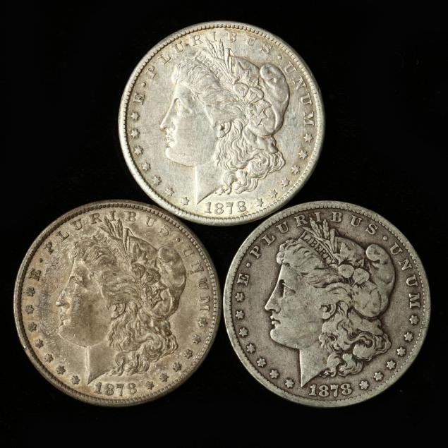 three-circulated-1878-cc-morgan-silver-dollars