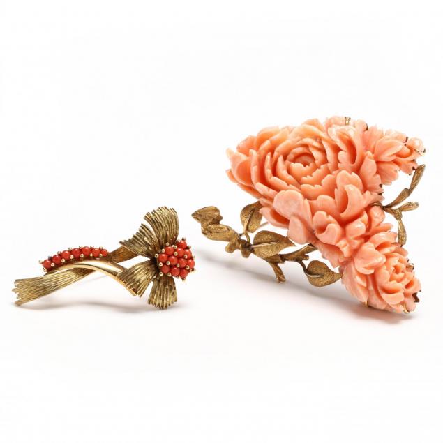 two-18kt-gold-and-coral-brooches