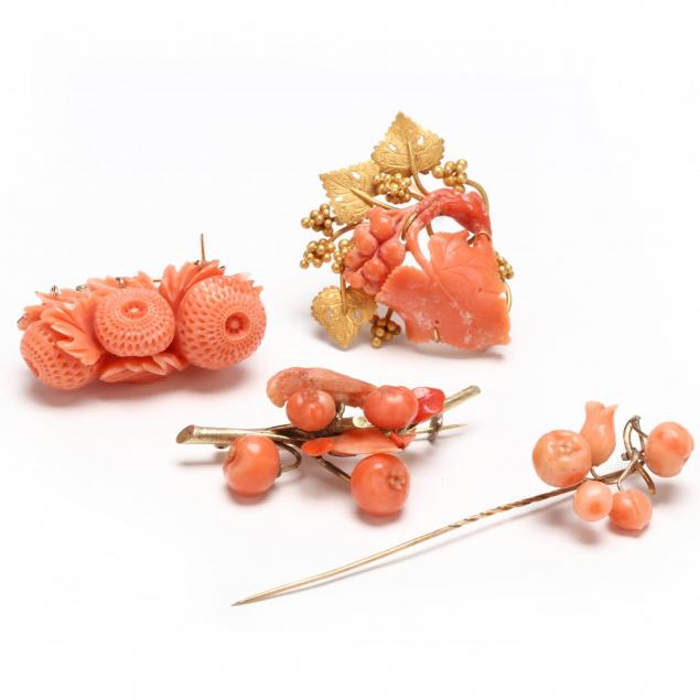 four-vintage-14kt-gold-and-salmon-coral-brooches