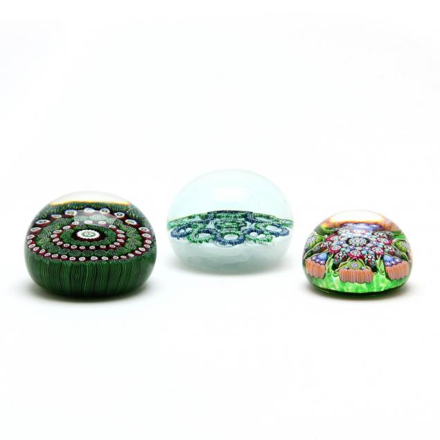 three-signed-millefiori-glass-paperweights