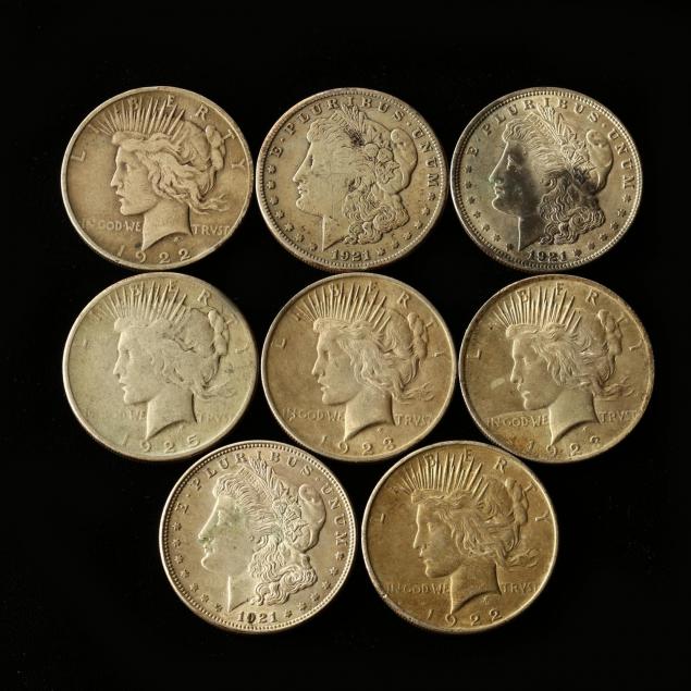eight-circulated-peace-and-morgan-silver-dollars