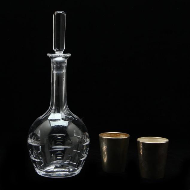 orrefors-crystal-decanter-and-silver-shot-glasses