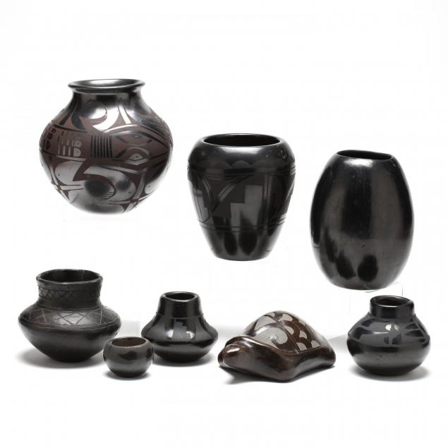 eight-pieces-of-mexican-and-native-american-blackware-pottery