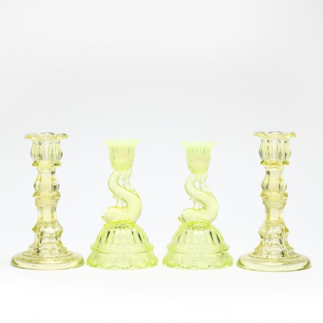 two-pair-of-vintage-vaseline-glass-candlesticks