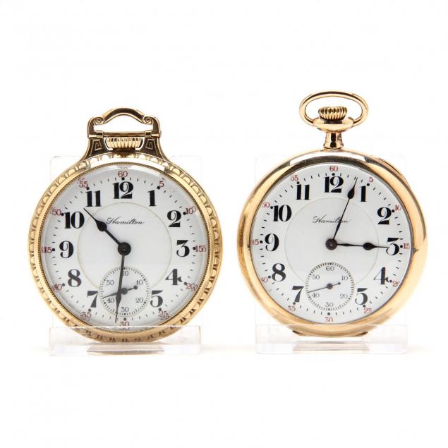 two-vintage-open-face-pocket-watches-hamilton-watch-co