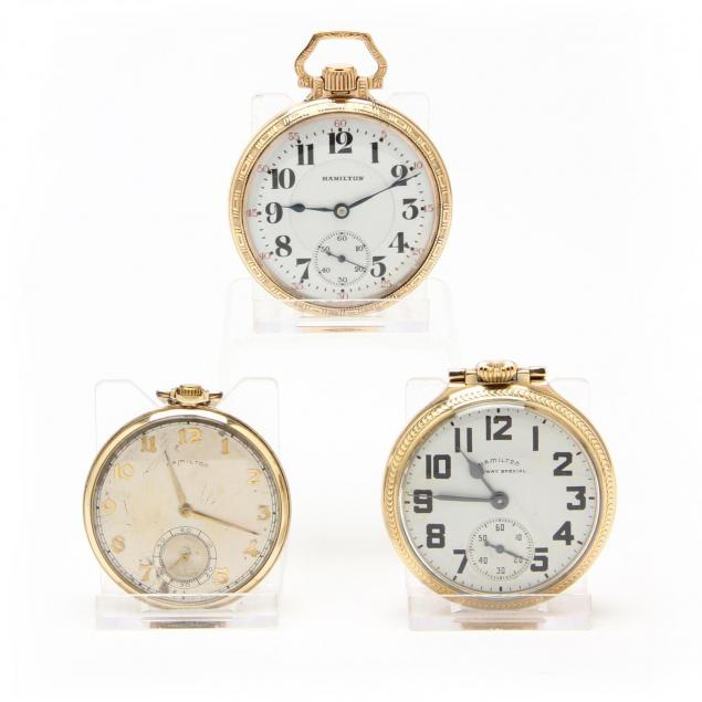three-vintage-gold-filled-open-face-pocket-watches-hamilton-watch-co