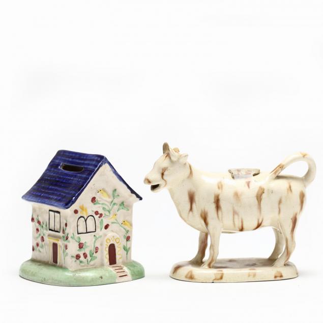 antique-staffordshire-cow-creamer-and-cottage-bank