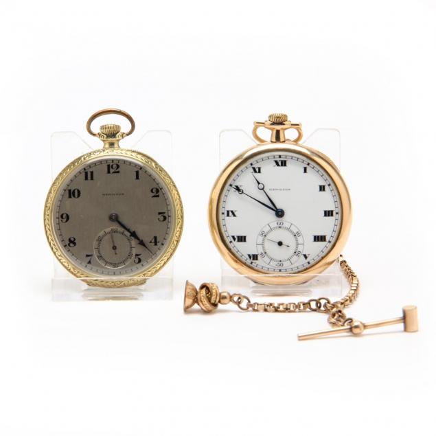 two-vintage-open-face-pocket-watches-hamilton-watch-co