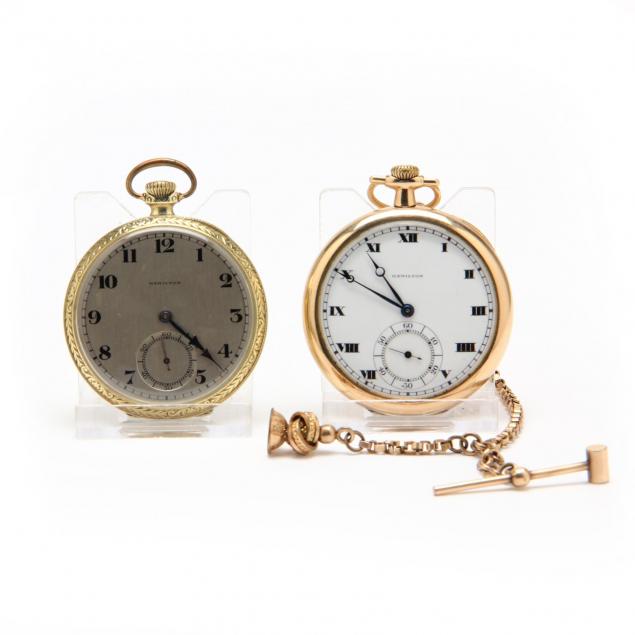 two-vintage-open-face-pocket-watches-hamilton-watch-co