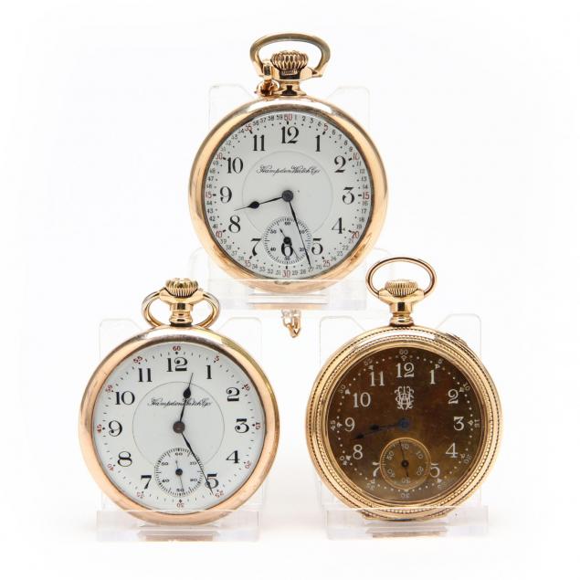 three-vintage-gold-filled-open-face-pocket-watches