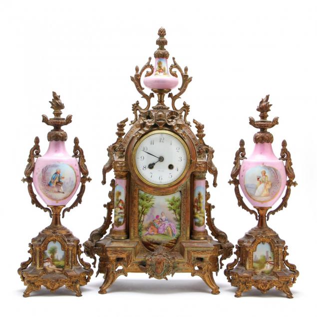 a-french-gilt-bronze-and-porcelain-mantel-clock-garniture-set