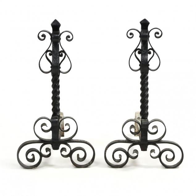 pair-of-spanish-wrought-iron-andirons
