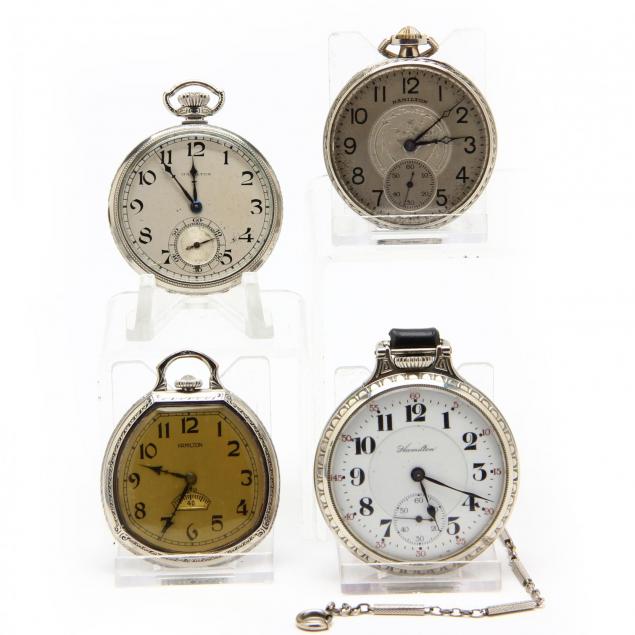 four-white-gold-filled-open-face-pocket-watches-hamilton