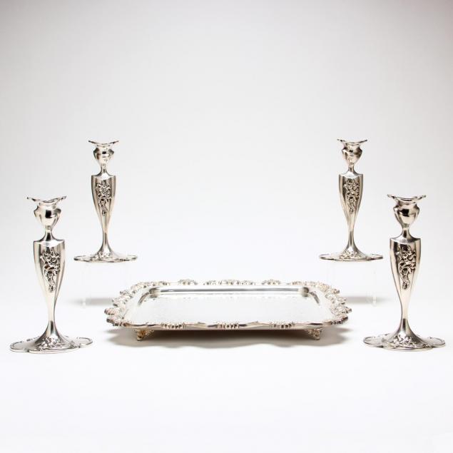 four-meriden-silverplate-candlesticks-and-tray