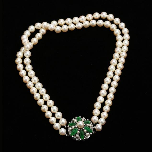 vintage-double-strand-akoya-pearl-necklace-with-platinum-jade-and-diamond-clasp