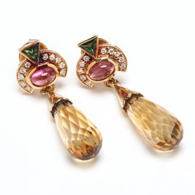 18kt-gold-and-gem-set-pendant-earrings-hans-dieter-haag