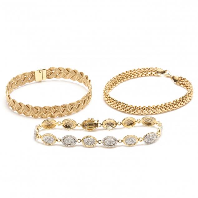 two-14kt-gold-bracelets-and-a-14kt-gold-and-diamond-bracelet