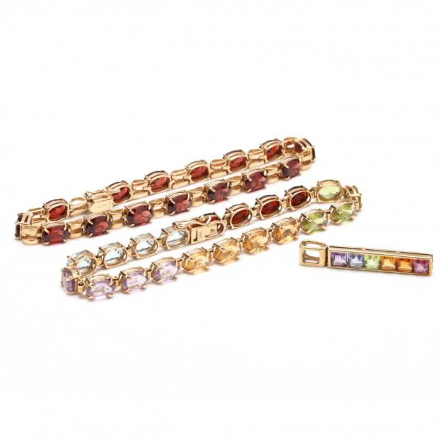 two-14kt-gem-set-bracelets-and-pendant