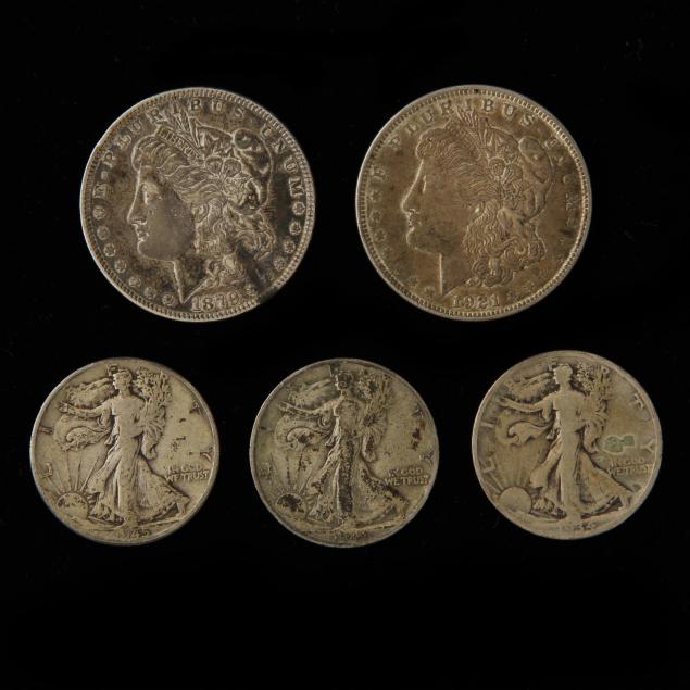 two-morgan-silver-dollars-and-three-walking-liberty-halves